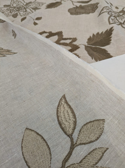Scalamandre Patna Natural Beige Brown Embroidery Linen Tree of Life Floral Botanical Foliage MSRP USD 316/y