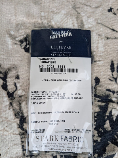 1.2y x 53"w  Scalamandre Jean Paul Gaultier Lelievre Paris Vagabond Graphite Linen Botanical Foliage Scenic Print Black White MSRP USD 500+/yard 17-Ev49