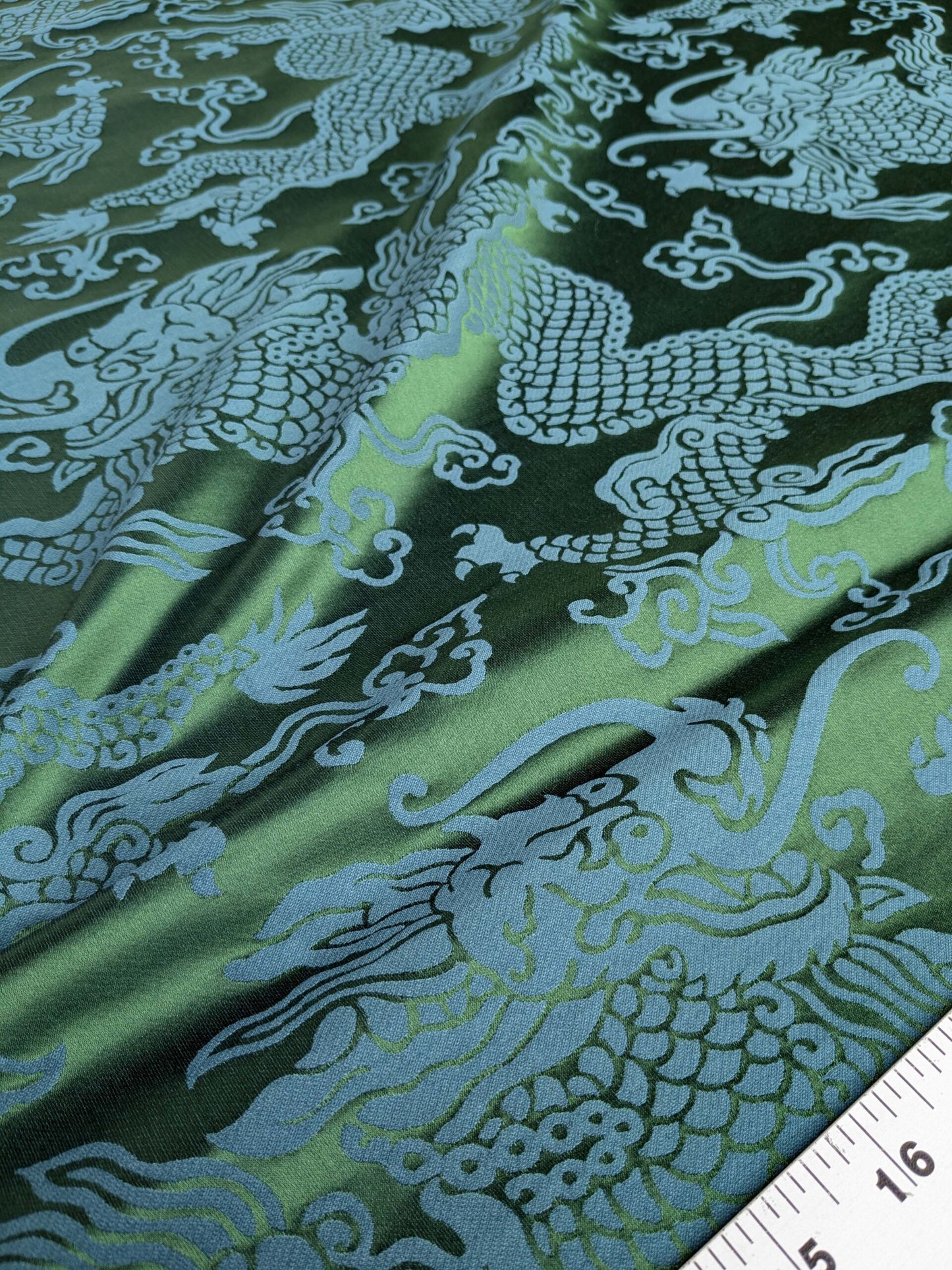 Schumacher Ruan Dragon Damask Emerald Green Art Deco Chinoiserie Satin Cotton MSRP USD 316/y