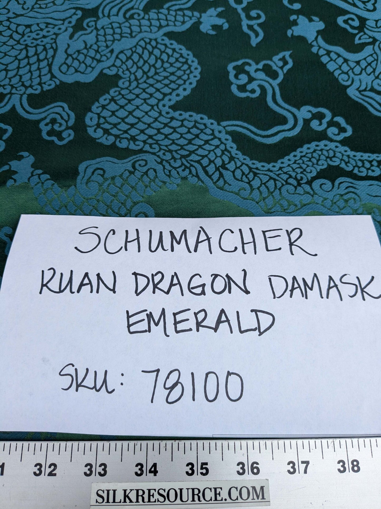 Schumacher Ruan Dragon Damask Emerald Green Art Deco Chinoiserie Satin Cotton MSRP USD 316/y