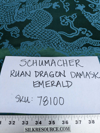 Schumacher Ruan Dragon Damask Emerald Green Art Deco Chinoiserie Satin Cotton MSRP USD 316/y
