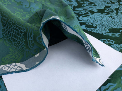 Schumacher Ruan Dragon Damask Emerald Green Art Deco Chinoiserie Satin Cotton MSRP USD 316/y