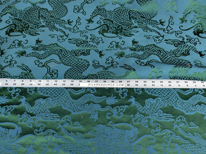 Schumacher Ruan Dragon Damask Emerald Green Art Deco Chinoiserie Satin Cotton MSRP USD 316/y