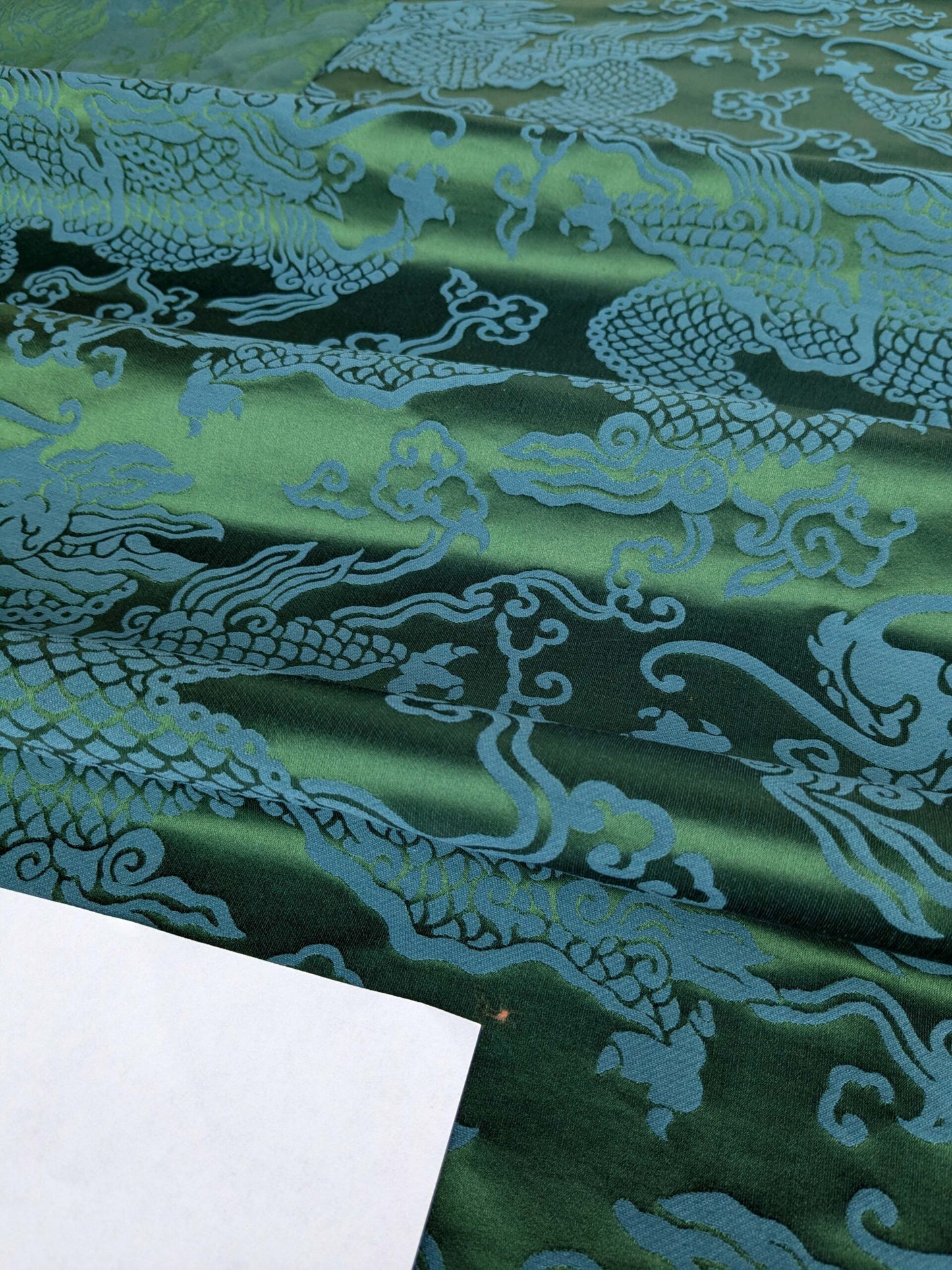 Schumacher Ruan Dragon Damask Emerald Green Art Deco Chinoiserie Satin Cotton MSRP USD 316/y