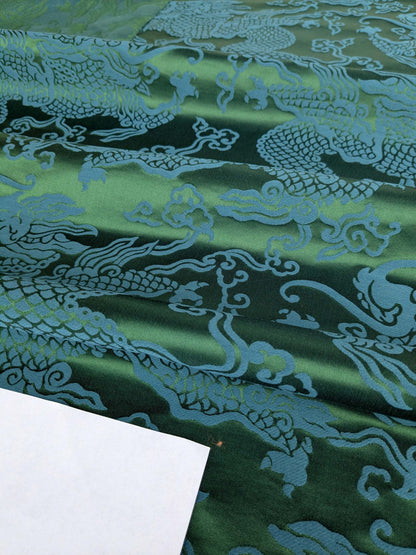 Schumacher Ruan Dragon Damask Emerald Green Art Deco Chinoiserie Satin Cotton MSRP USD 316/y