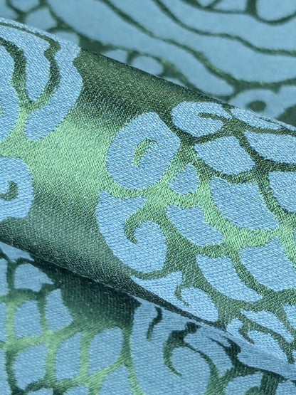 Schumacher Ruan Dragon Damask Emerald Green Art Deco Chinoiserie Satin Cotton MSRP USD 316/y