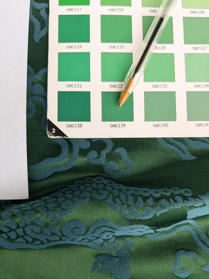 Schumacher Ruan Dragon Damask Emerald Green Art Deco Chinoiserie Satin Cotton MSRP USD 316/y