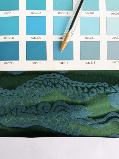 Schumacher Ruan Dragon Damask Emerald Green Art Deco Chinoiserie Satin Cotton MSRP USD 316/y