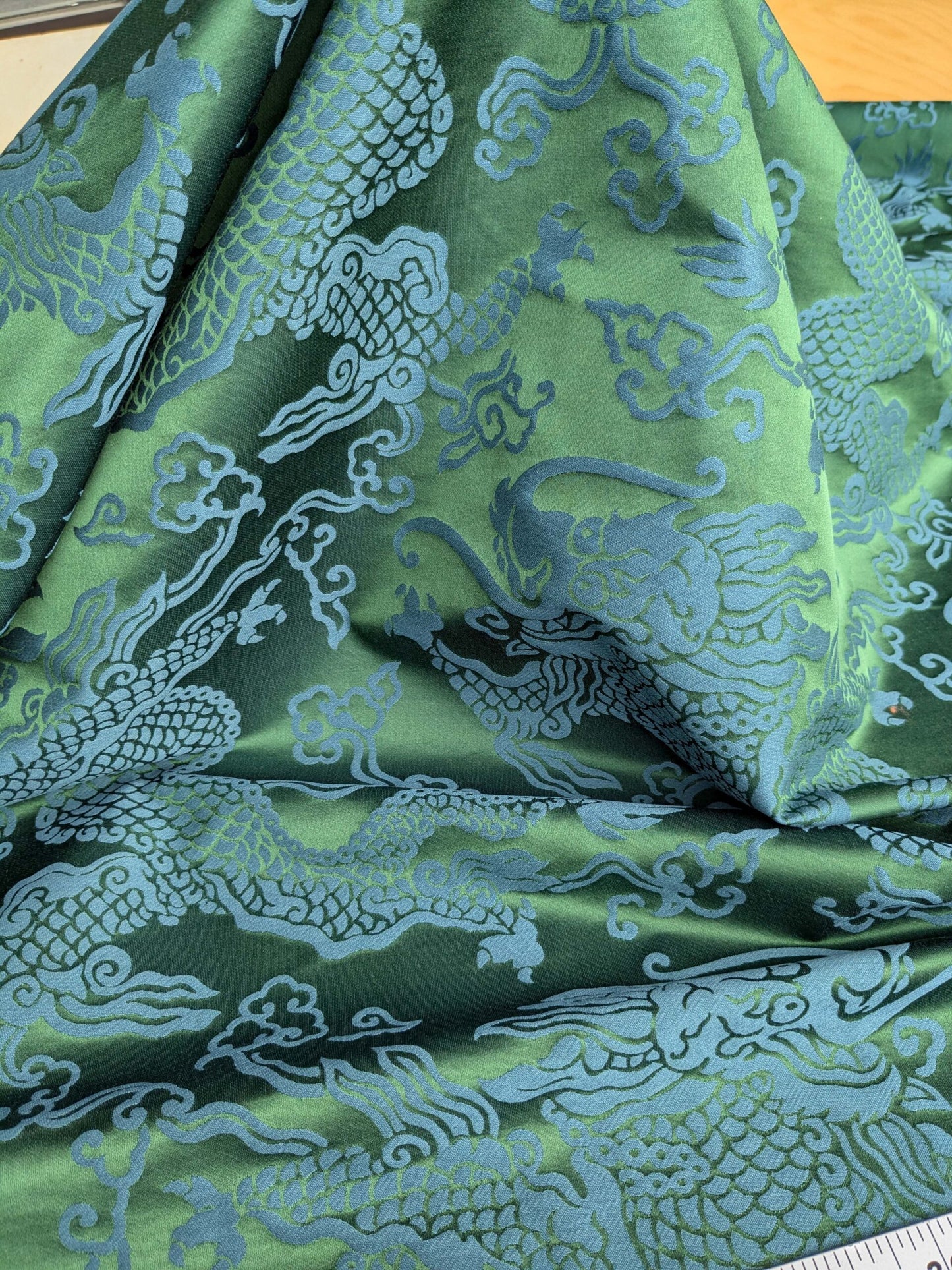 Schumacher Ruan Dragon Damask Emerald Green Art Deco Chinoiserie Satin Cotton MSRP USD 316/y
