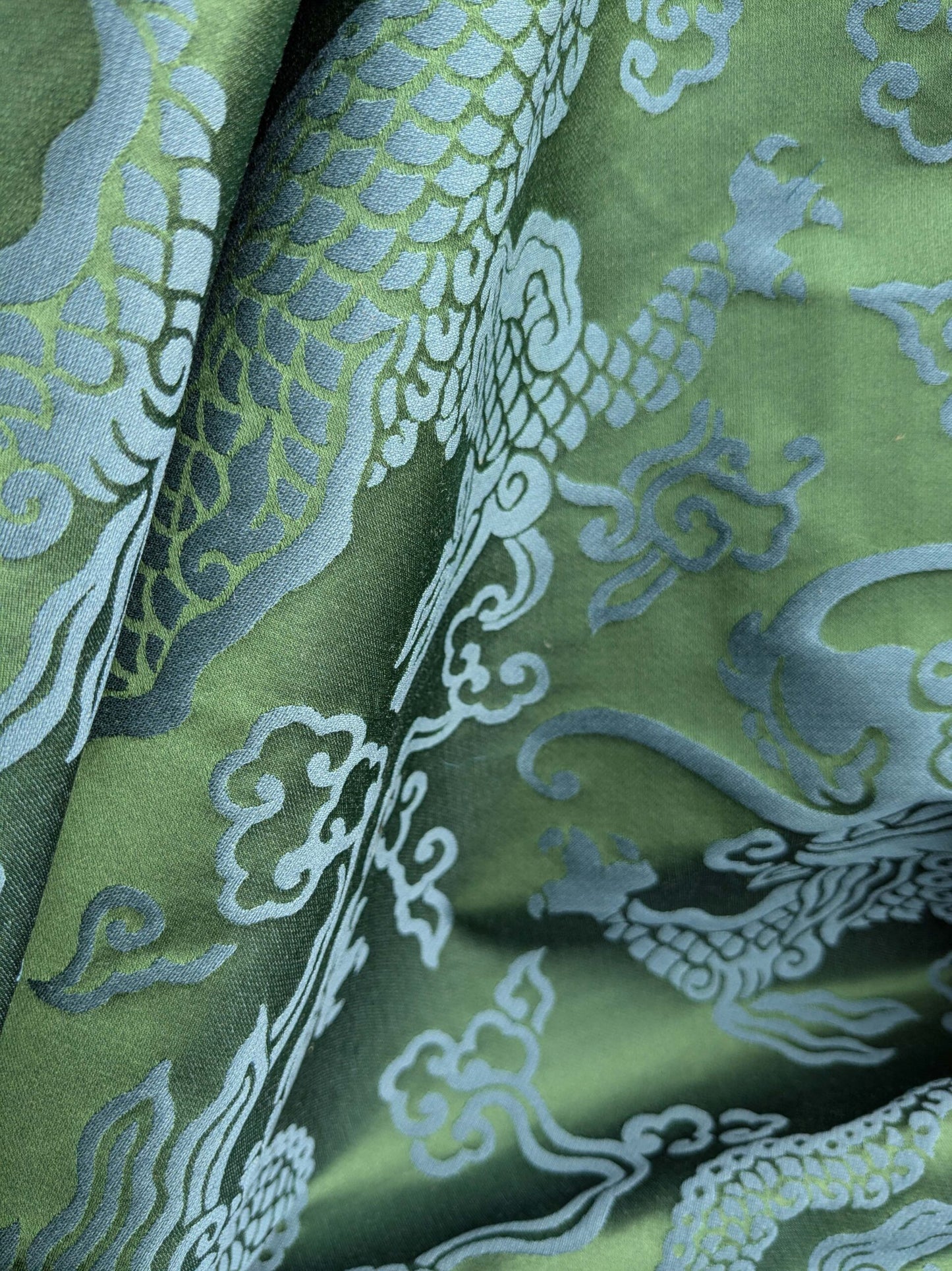 Schumacher Ruan Dragon Damask Emerald Green Art Deco Chinoiserie Satin Cotton MSRP USD 316/y