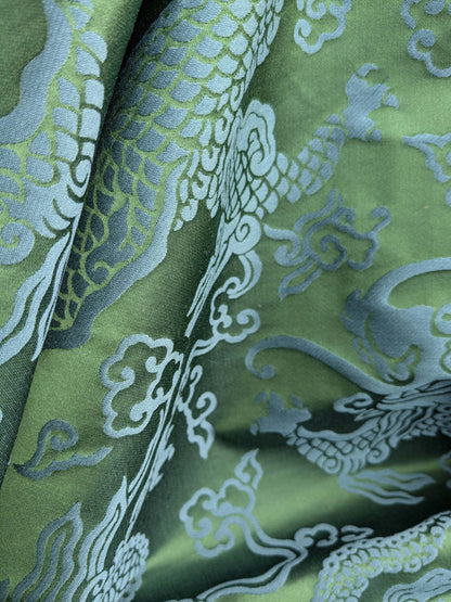 Schumacher Ruan Dragon Damask Emerald Green Art Deco Chinoiserie Satin Cotton MSRP USD 316/y