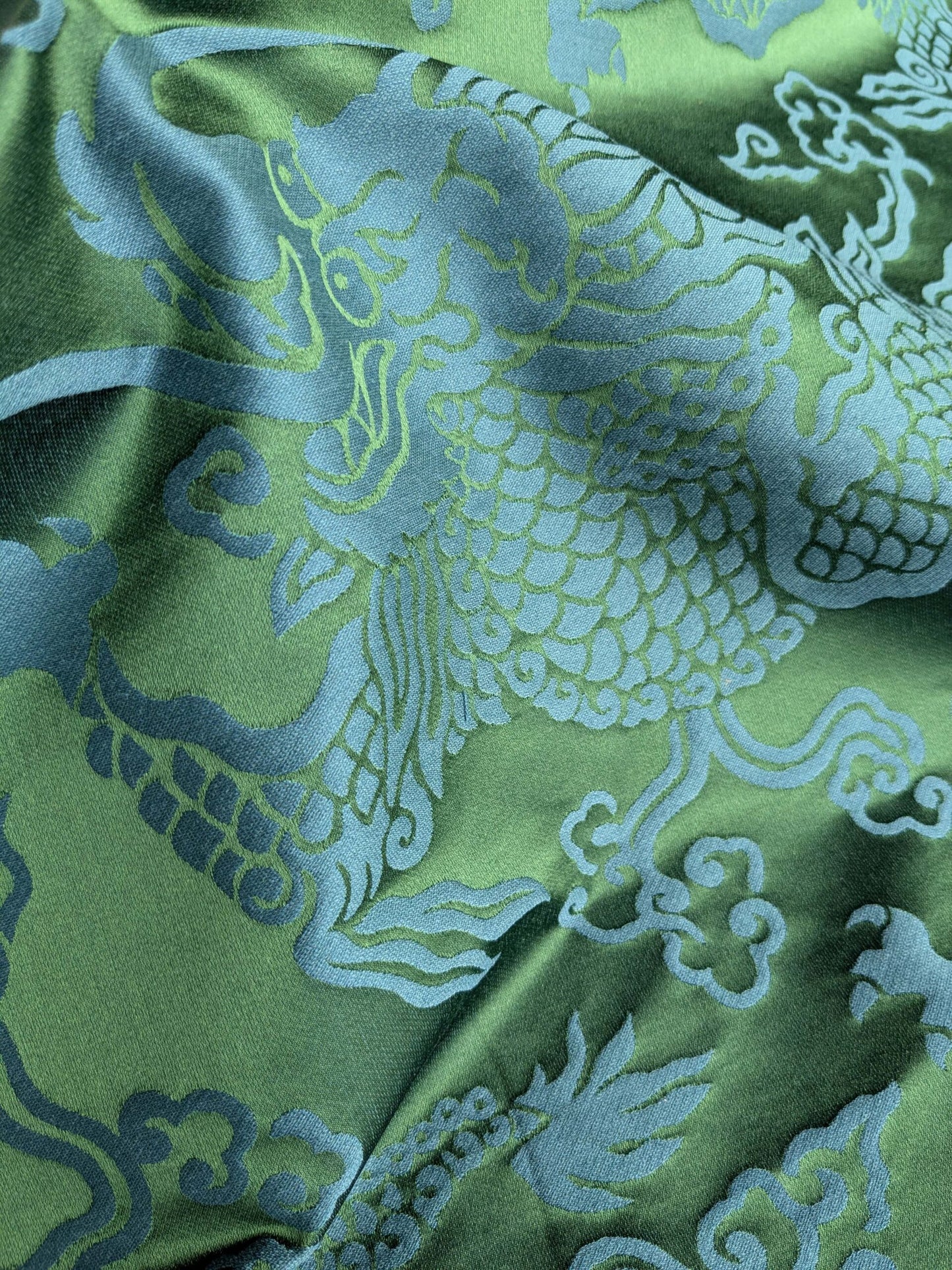 Schumacher Ruan Dragon Damask Emerald Green Art Deco Chinoiserie Satin Cotton MSRP USD 316/y