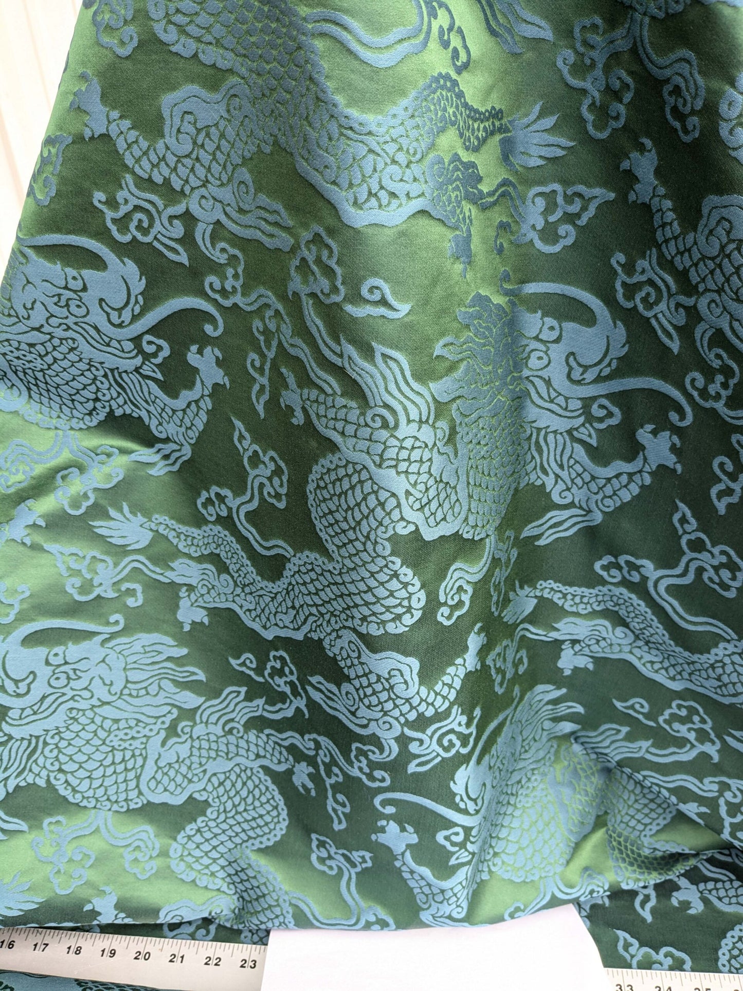 Schumacher Ruan Dragon Damask Emerald Green Art Deco Chinoiserie Satin Cotton MSRP USD 316/y