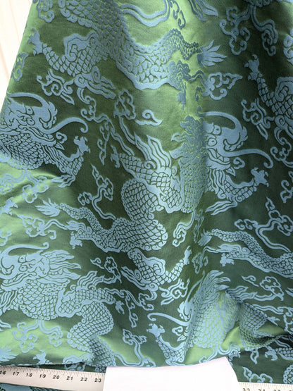 Schumacher Ruan Dragon Damask Emerald Green Art Deco Chinoiserie Satin Cotton MSRP USD 316/y