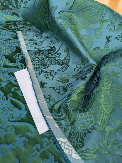 Schumacher Ruan Dragon Damask Emerald Green Art Deco Chinoiserie Satin Cotton MSRP USD 316/y