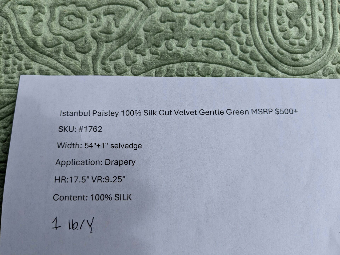 Istanbul Paisley 100% Silk Cut Velvet Gentle Spring Green MSRP USD 1000+/yard