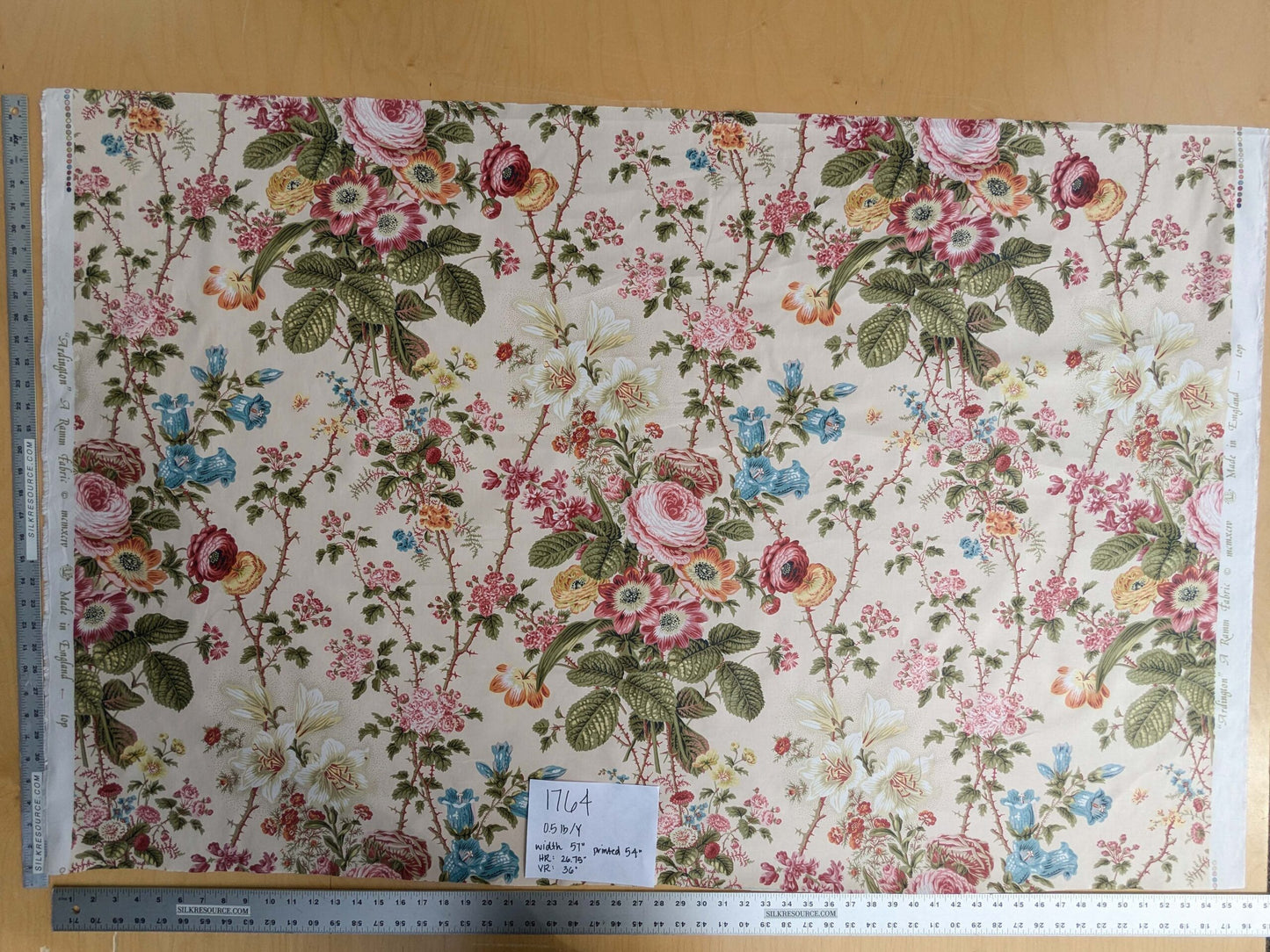 Claire Austin English Cottage Climbing Rose Bluebell Chintz Print Red Green Pink Yellow on Pale Pink 100% Cotton MSRP USD 355/Y