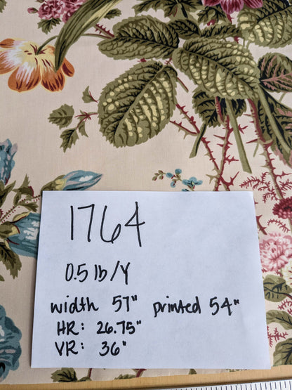 Claire Austin English Cottage Climbing Rose Bluebell Chintz Print Red Green Pink Yellow on Pale Pink 100% Cotton MSRP USD 355/Y