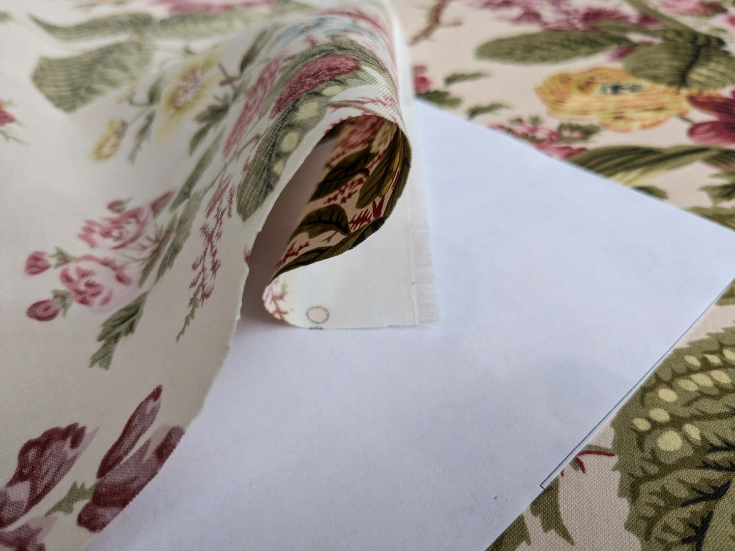 Claire Austin English Cottage Climbing Rose Bluebell Chintz Print Red Green Pink Yellow on Pale Pink 100% Cotton MSRP USD 355/Y