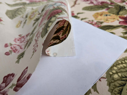 Claire Austin English Cottage Climbing Rose Bluebell Chintz Print Red Green Pink Yellow on Pale Pink 100% Cotton MSRP USD 355/Y