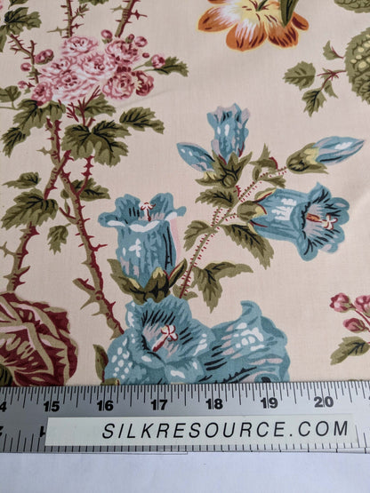 Claire Austin English Cottage Climbing Rose Bluebell Chintz Print Red Green Pink Yellow on Pale Pink 100% Cotton MSRP USD 355/Y