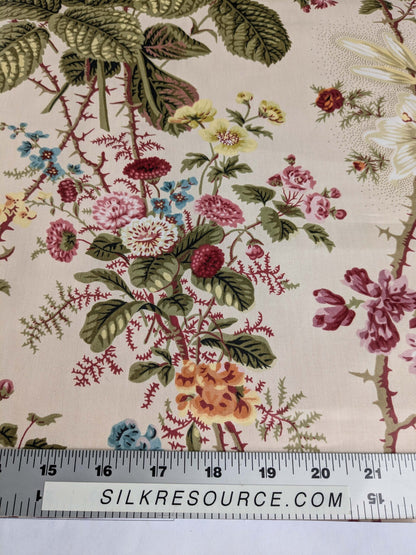 Claire Austin English Cottage Climbing Rose Bluebell Chintz Print Red Green Pink Yellow on Pale Pink 100% Cotton MSRP USD 355/Y