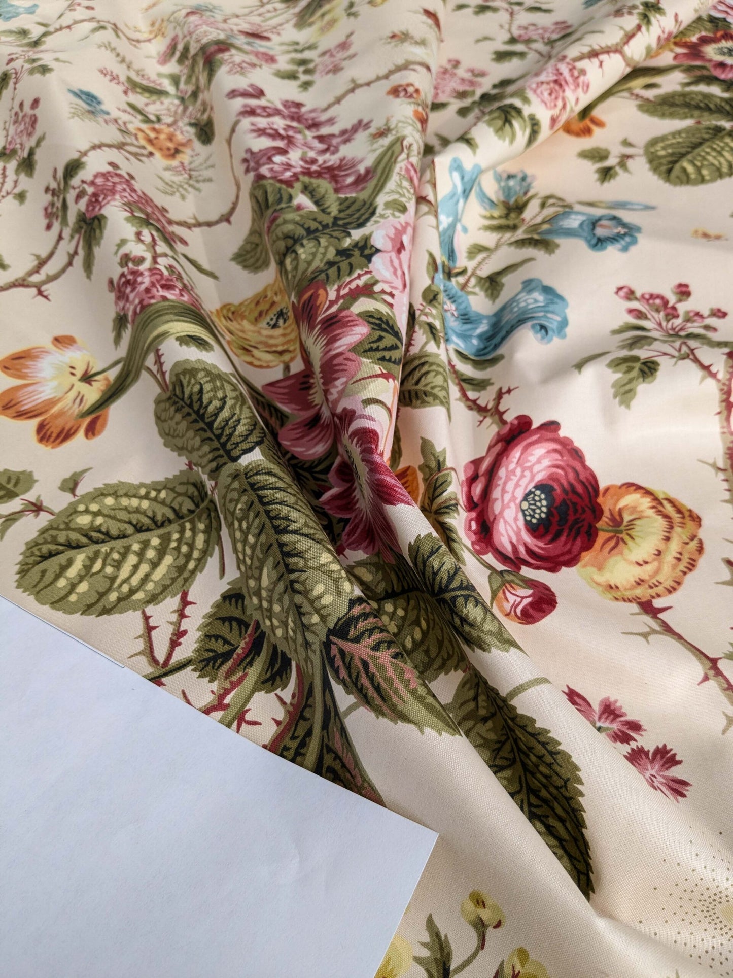 Claire Austin English Cottage Climbing Rose Bluebell Chintz Print Red Green Pink Yellow on Pale Pink 100% Cotton MSRP USD 355/Y