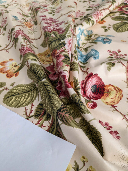 Claire Austin English Cottage Climbing Rose Bluebell Chintz Print Red Green Pink Yellow on Pale Pink 100% Cotton MSRP USD 355/Y