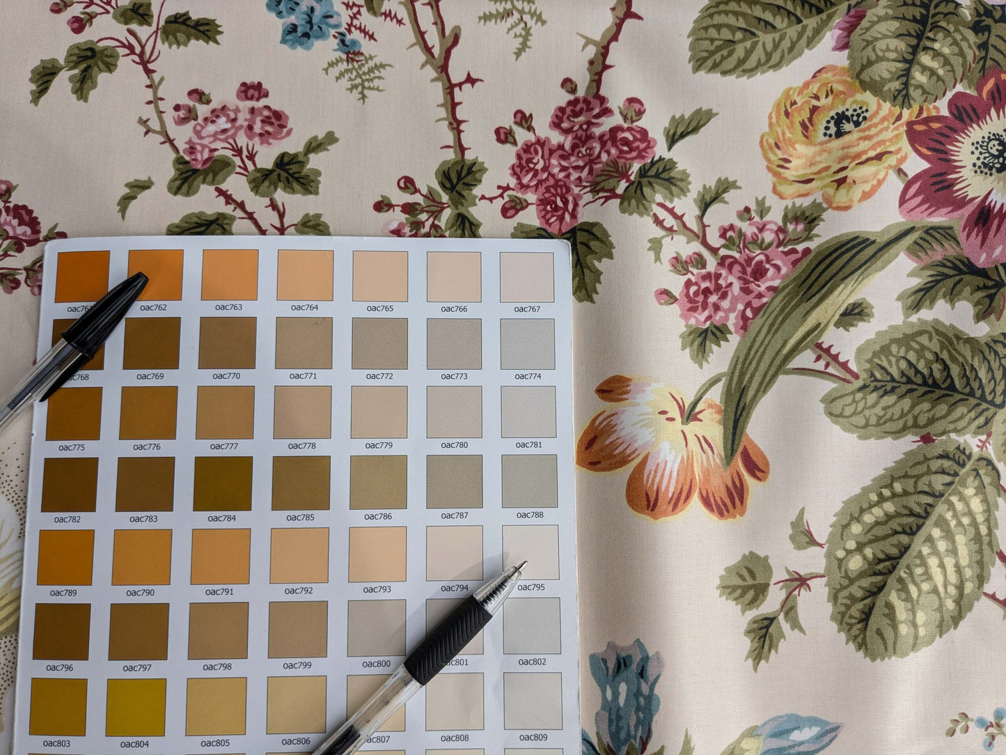 Claire Austin English Cottage Climbing Rose Bluebell Chintz Print Red Green Pink Yellow on Pale Pink 100% Cotton MSRP USD 355/Y