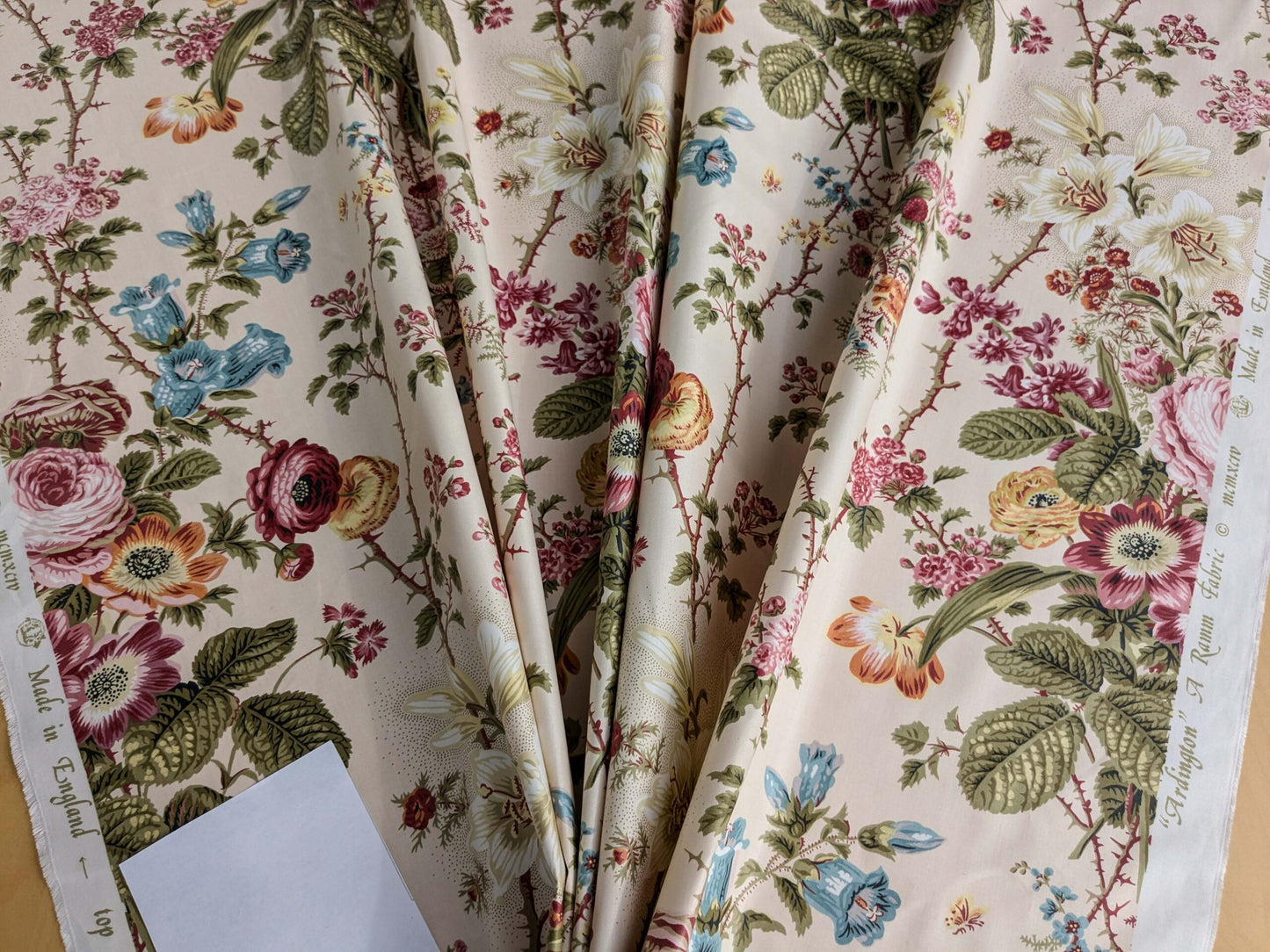 Claire Austin English Cottage Climbing Rose Bluebell Chintz Print Red Green Pink Yellow on Pale Pink 100% Cotton MSRP USD 355/Y