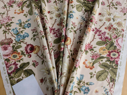 Claire Austin English Cottage Climbing Rose Bluebell Chintz Print Red Green Pink Yellow on Pale Pink 100% Cotton MSRP USD 355/Y