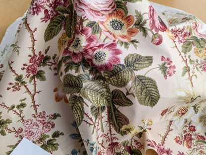 Claire Austin English Cottage Climbing Rose Bluebell Chintz Print Red Green Pink Yellow on Pale Pink 100% Cotton MSRP USD 355/Y