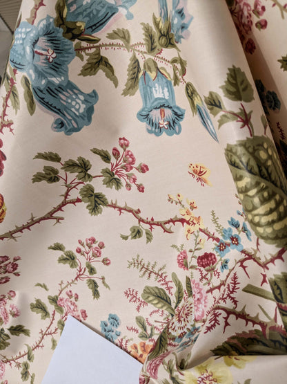Claire Austin English Cottage Climbing Rose Bluebell Chintz Print Red Green Pink Yellow on Pale Pink 100% Cotton MSRP USD 355/Y