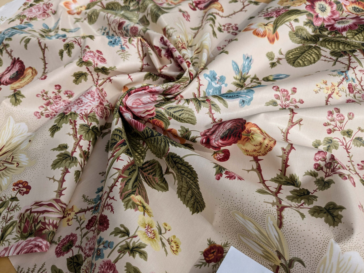 Claire Austin English Cottage Climbing Rose Bluebell Chintz Print Red Green Pink Yellow on Pale Pink 100% Cotton MSRP USD 355/Y