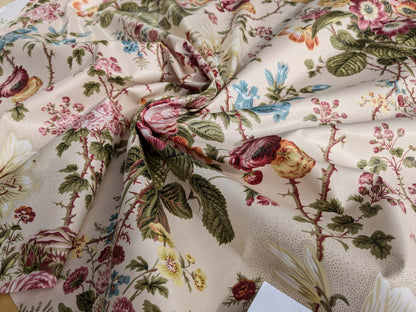 Claire Austin English Cottage Climbing Rose Bluebell Chintz Print Red Green Pink Yellow on Pale Pink 100% Cotton MSRP USD 355/Y