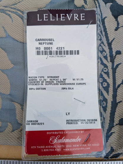 3 EV51 1.2y x 51"w Length  Scalamandre Lelievre Carrousel Neptune Blue Damask Jacquard MSRP USD 892/y