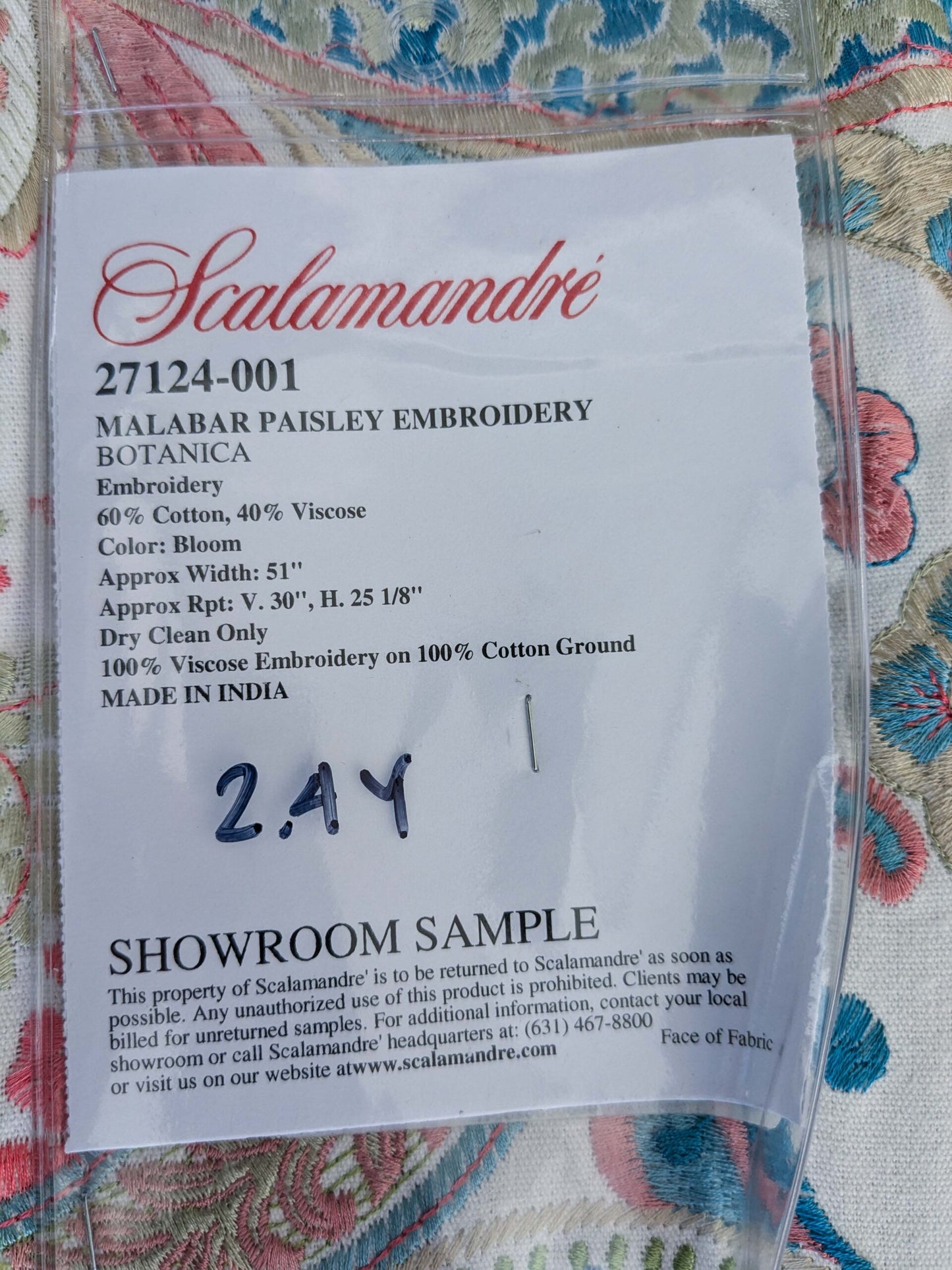 5 EV51 2.4y x 51"W Length Scalamandre Malabar Paisley Embroidery Blue Pink White Rich Spring Colors MSRP USD 620/y