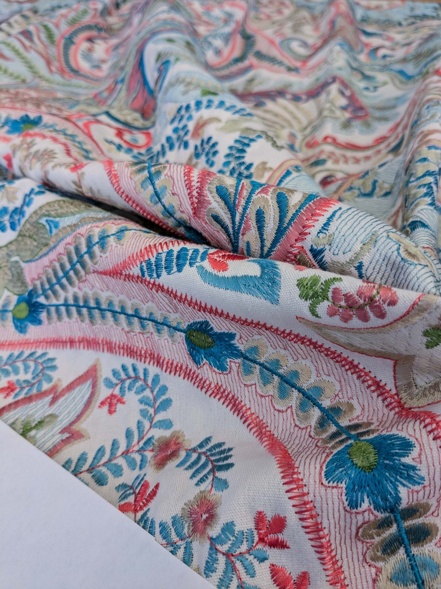 5 EV51 2.4y x 51"W Length Scalamandre Malabar Paisley Embroidery Blue Pink White Rich Spring Colors MSRP USD 620/y