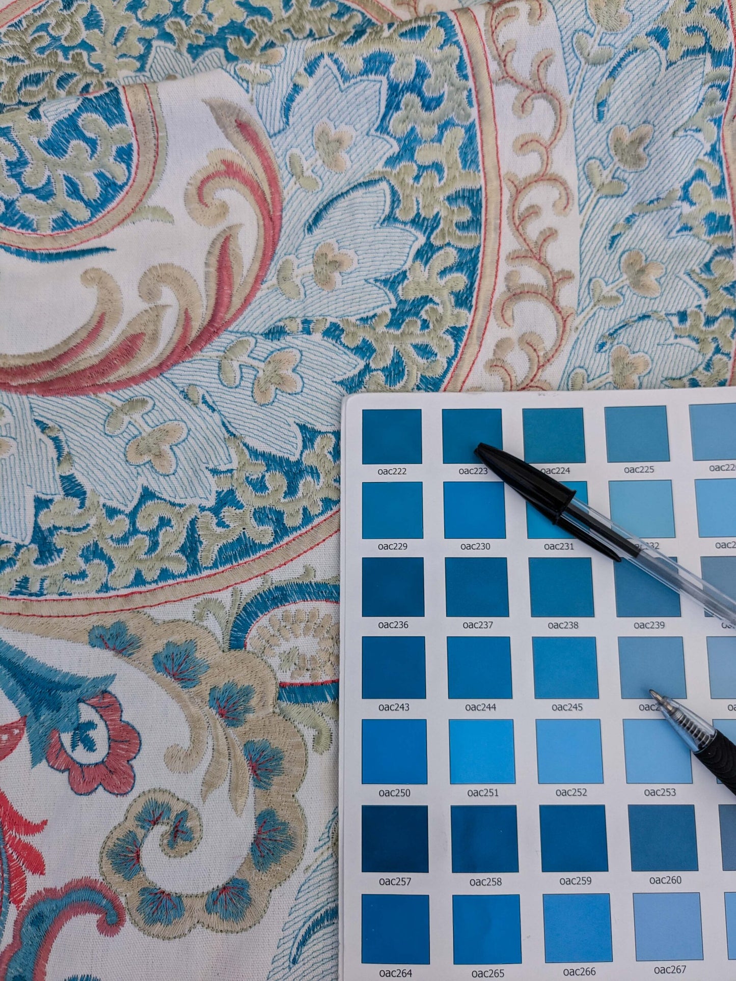 5 EV51 2.4y x 51"W Length Scalamandre Malabar Paisley Embroidery Blue Pink White Rich Spring Colors MSRP USD 620/y