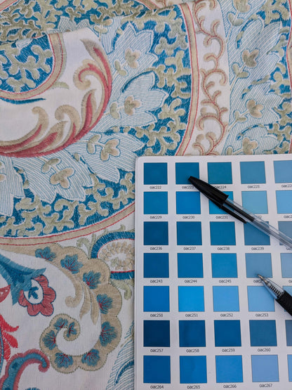 5 EV51 2.4y x 51"W Length Scalamandre Malabar Paisley Embroidery Blue Pink White Rich Spring Colors MSRP USD 620/y