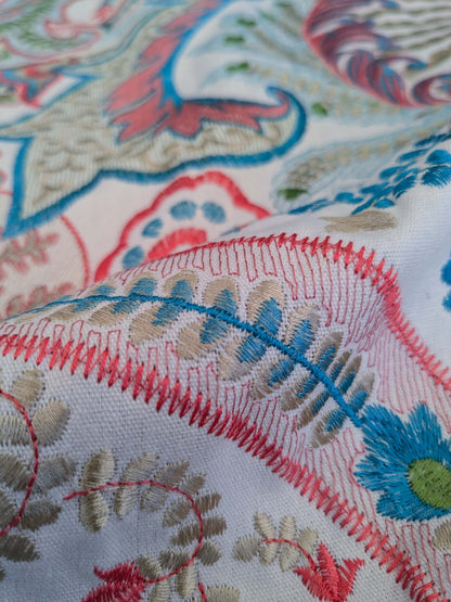 5 EV51 2.4y x 51"W Length Scalamandre Malabar Paisley Embroidery Blue Pink White Rich Spring Colors MSRP USD 620/y