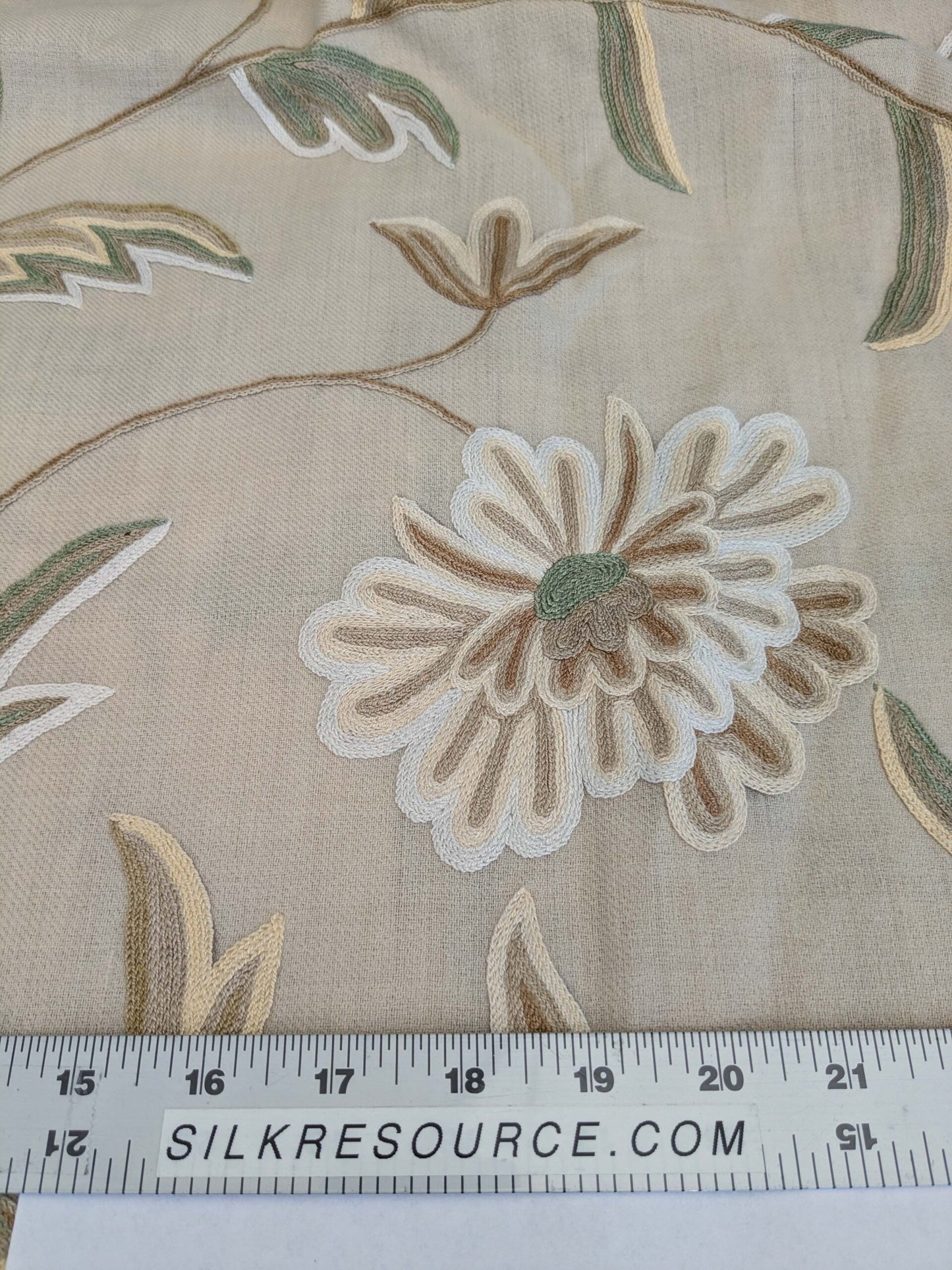 10 EV51 2.4y x 52"w Length Scalamandre Embroidery Cindia Wool Celadon Ivory Floral Botanical