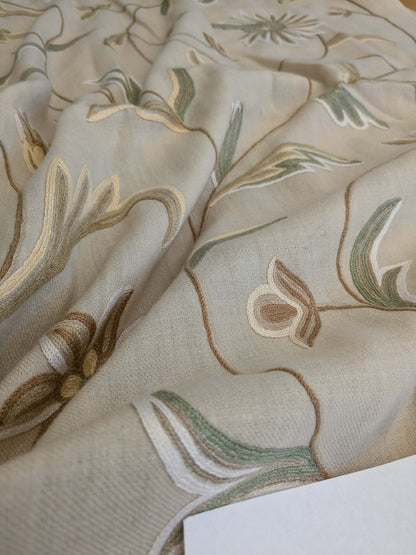 10 EV51 2.4y x 52"w Length Scalamandre Embroidery Cindia Wool Celadon Ivory Floral Botanical