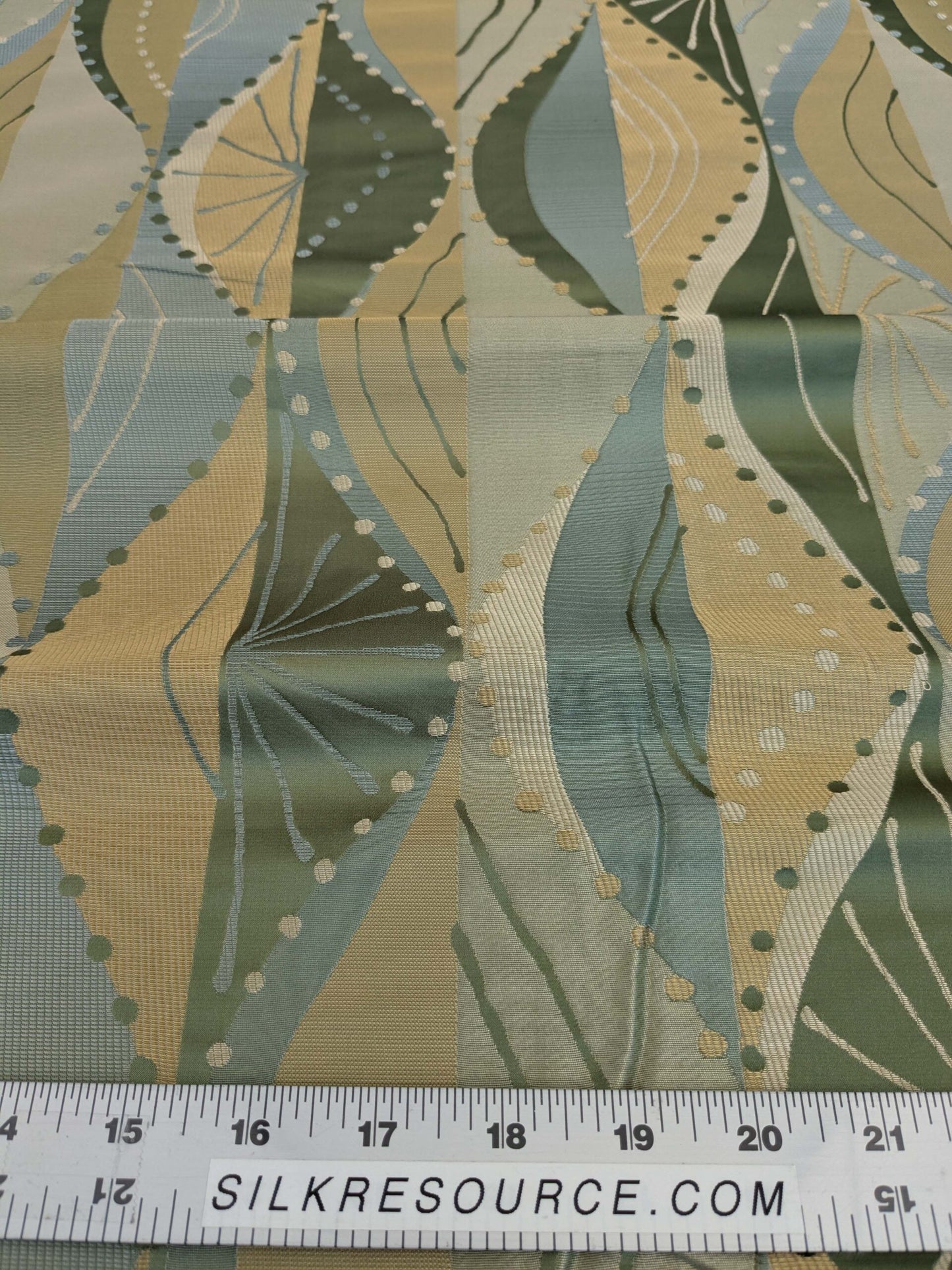 100% Silk Lampas Music Note "Jadeite"  Green Brown Blue Art Deco