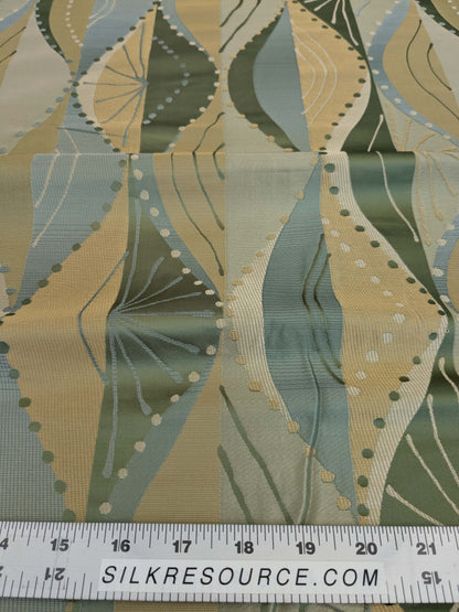 100% Silk Lampas Music Note "Jadeite"  Green Brown Blue Art Deco
