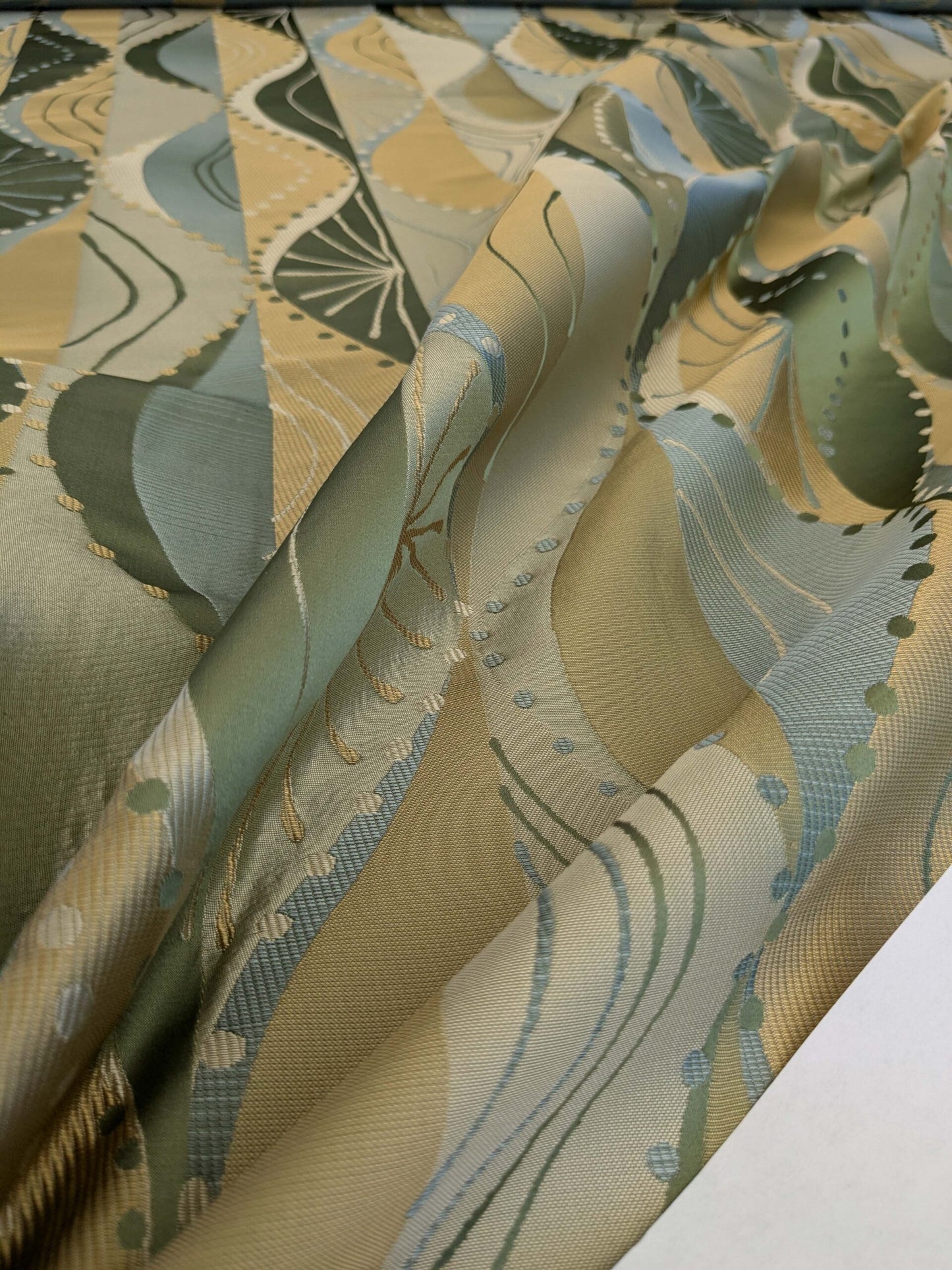 100% Silk Lampas Music Note "Jadeite"  Green Brown Blue Art Deco