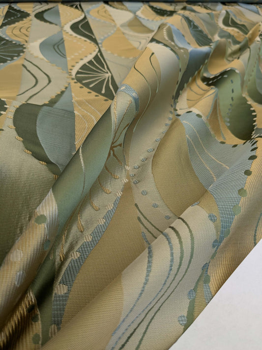 100% Silk Lampas Music Note "Jadeite"  Green Brown Blue Art Deco