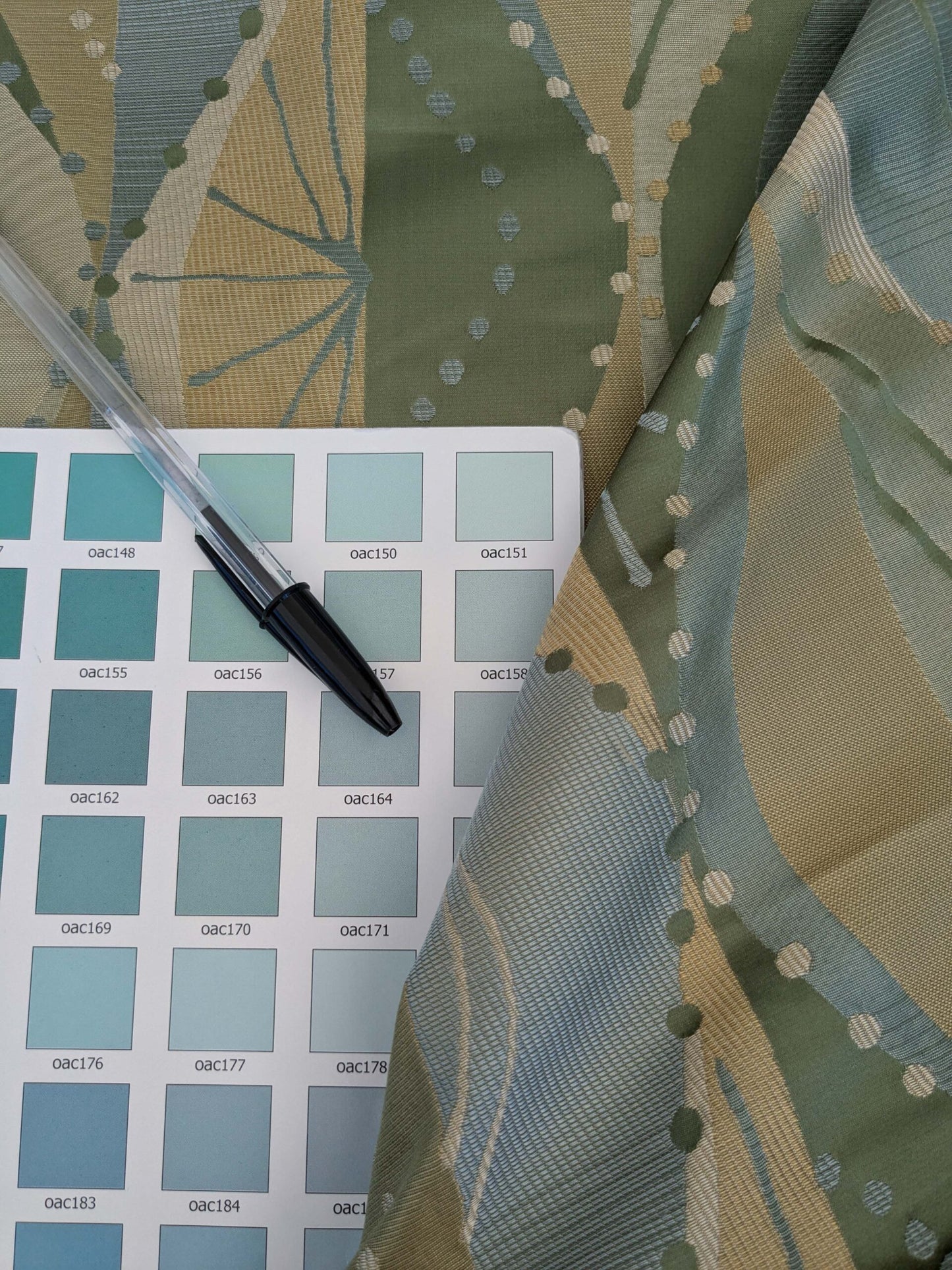 100% Silk Lampas Music Note "Jadeite"  Green Brown Blue Art Deco