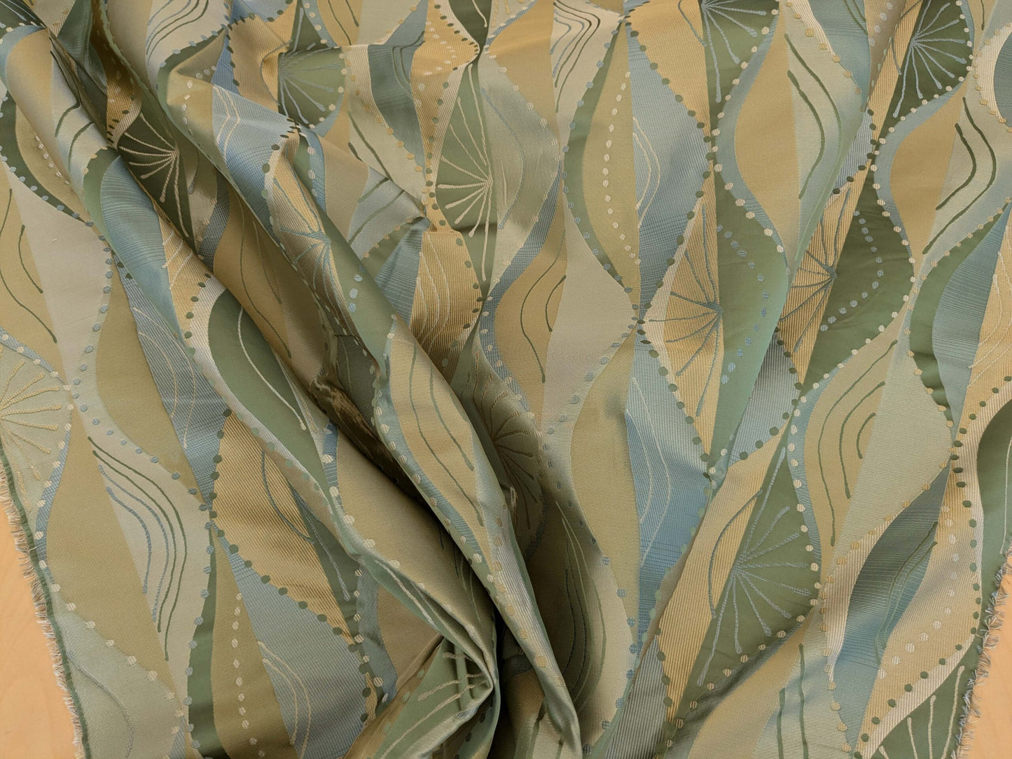 100% Silk Lampas Music Note "Jadeite"  Green Brown Blue Art Deco