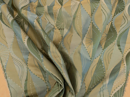 100% Silk Lampas Music Note "Jadeite"  Green Brown Blue Art Deco